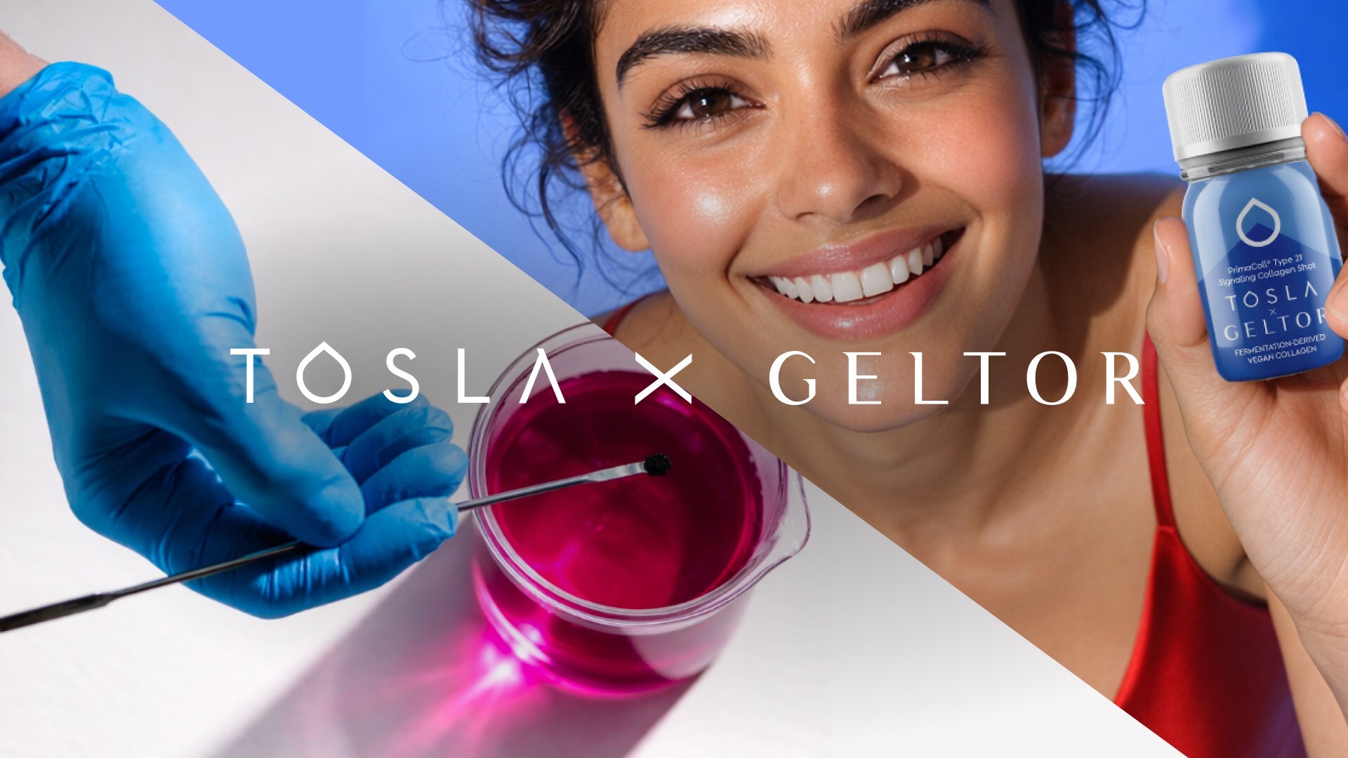 Woman holding bottle of vegan collagen supplement by Tosla and Geltor